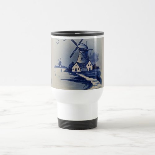 Vintage Blue White Delft Windmill Travel Mug