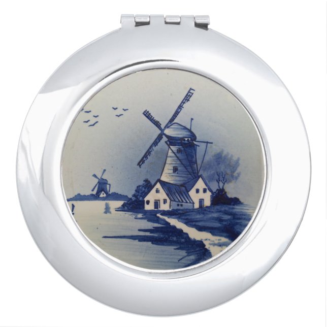 Vintage Blue White Delft Windmill Vanity Mirror (Front)