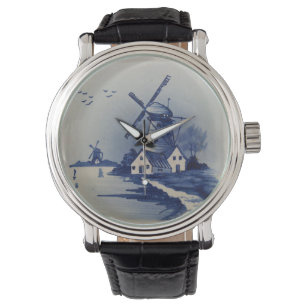 Vintage Blue White Delft Windmill Watch