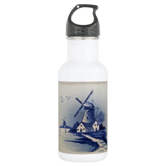 Vintage Blue White Delft Windmill Water Bottle (Front)