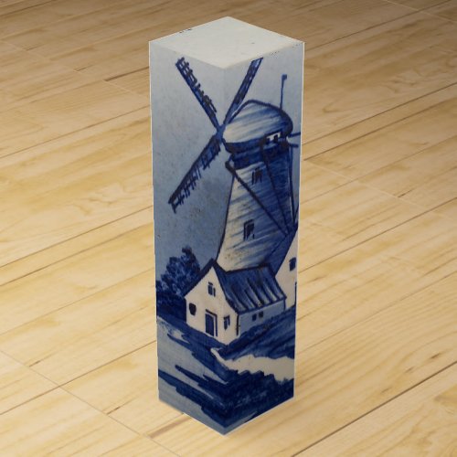 Vintage Blue White Delft Windmill Wine Gift Box
