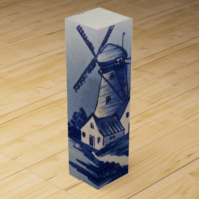 Vintage Blue White Delft Windmill Wine Gift Box (Front)