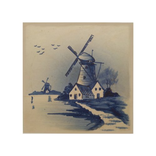 Vintage Blue White Delft Windmill Wood Wall Art