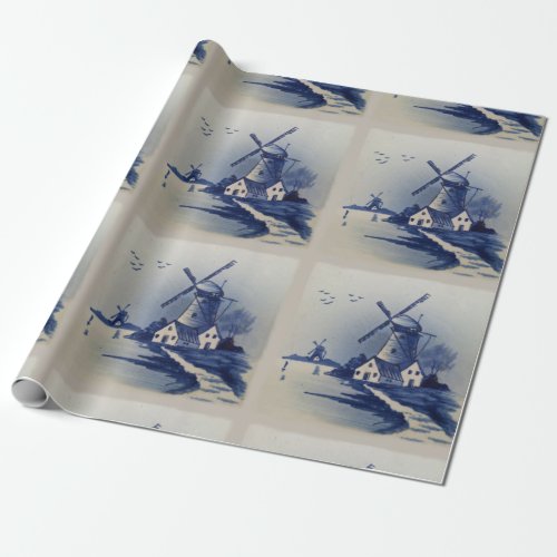 Vintage Blue White Delft Windmill Wrapping Paper