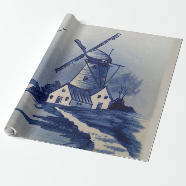 Vintage Blue White Delft Windmill Wrapping Paper (Unrolled)