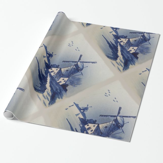 Vintage Blue White Delft Windmill Wrapping Paper (Unrolled)