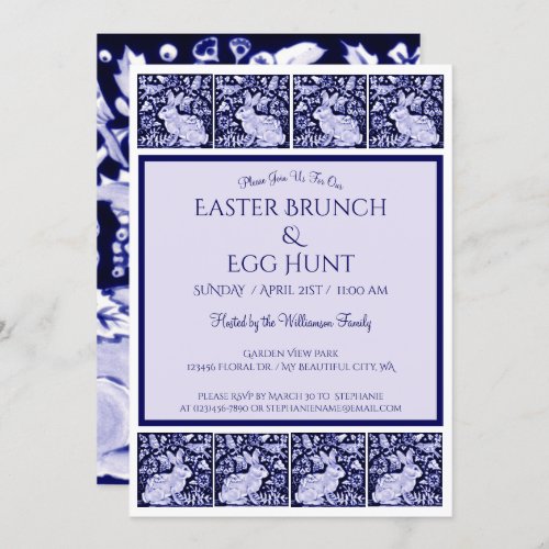 Vintage Blue  White Easter Bunny Brunch Egg Hunt Invitation