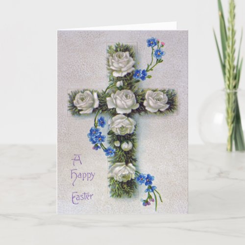 Vintage Blue White Floral Cross Antique Easter Holiday Card