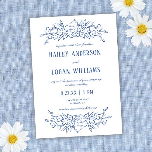 Vintage Blue  White Floral Elegant Wedding Invitation