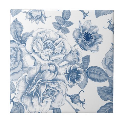 Vintage blue white floral pattern home decor tile