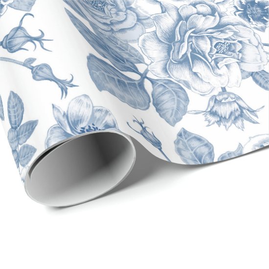 Vintage blue white floral pattern party wrap wrapping paper