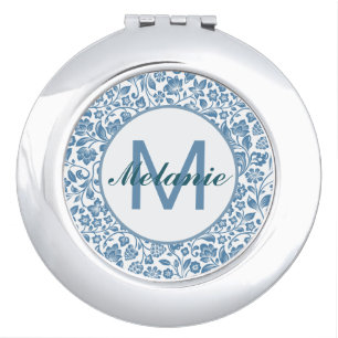 Vintage Blue White Floral Pattern Personalised Compact Mirror