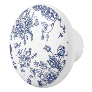 Vintage Blue & White Floral Printed Ceramic Knob