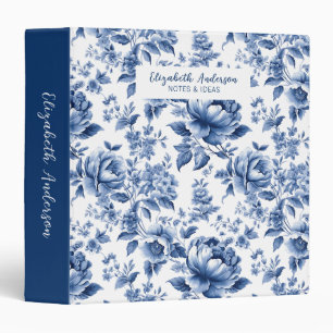 Vintage Blue White Floral Rose Pattern Botanical 3 Ring Binder