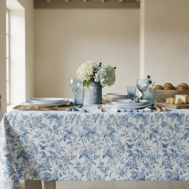 Vintage Blue White Floral Toile Elegant Tablecloth (Creator Uploaded)