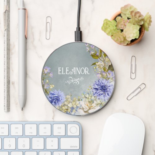 Vintage Blue White Floral Watercolor Floral Name Wireless Charger