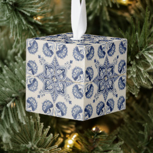  Vintage Blue White Geometric Flower Christmas Cube Ornament