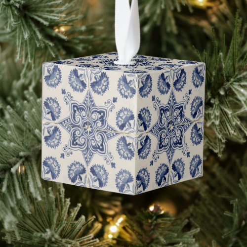  Vintage Blue White Geometric Flower Christmas Cube Ornament