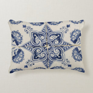 Vintage Blue White Geometric Flower Pattern Accent Pillow