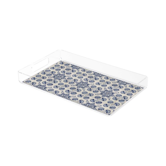  Vintage Blue White Geometric Flower Pattern Acrylic Tray (Angled)