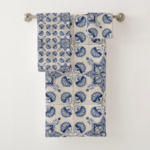  Vintage Blue White Geometric Flower Pattern Bath Towel Set