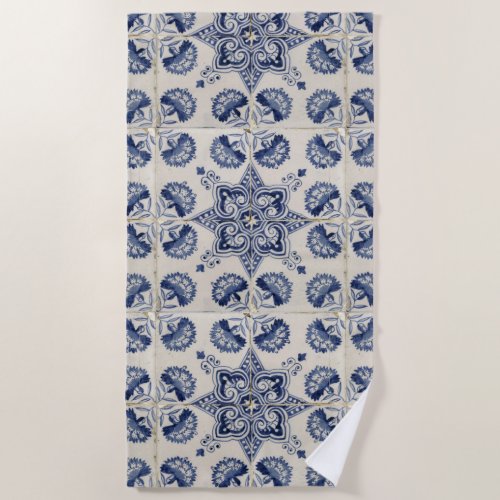  Vintage Blue White Geometric Flower Pattern Beach Towel