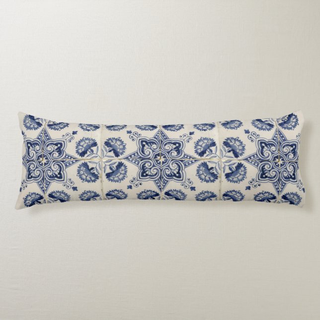  Vintage Blue White Geometric Flower Pattern  Body Pillow (Front)