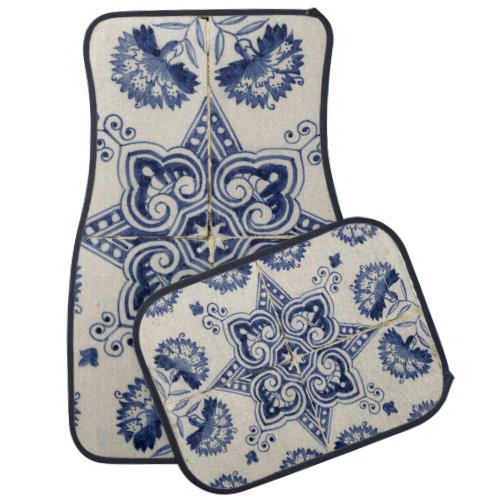  Vintage Blue White Geometric Flower Pattern Car Floor Mat