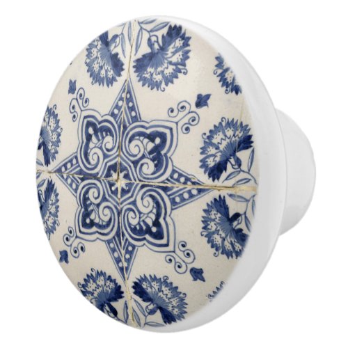  Vintage Blue White Geometric Flower Pattern Ceramic Knob