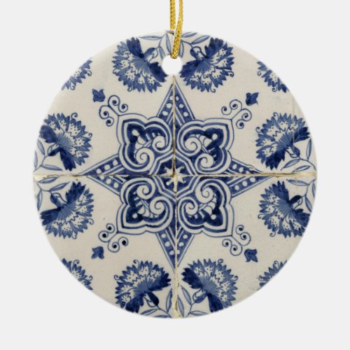  Vintage Blue White Geometric Flower Pattern Ceramic Ornament