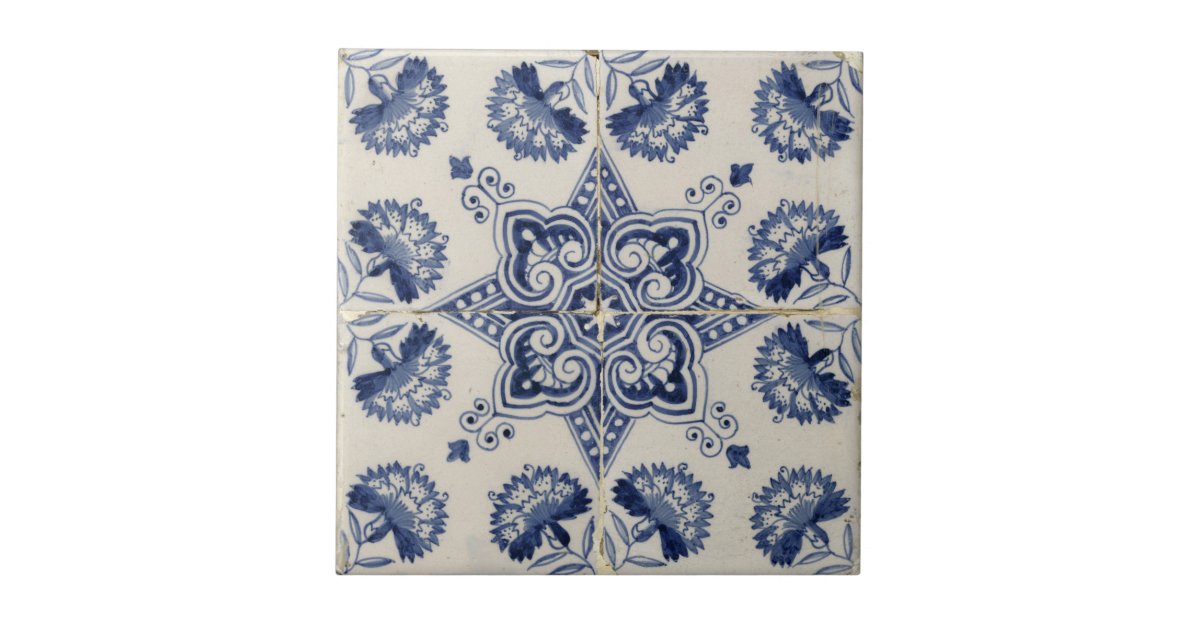 Vintage Blue White Geometric Flower Pattern Ceramic Tile Zazzle