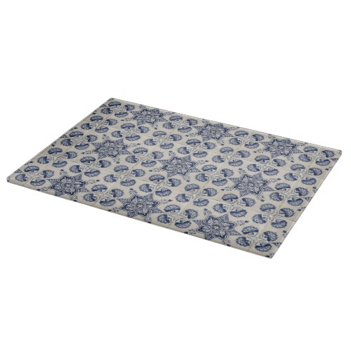  Vintage Blue White Geometric Flower Pattern Cutting Board