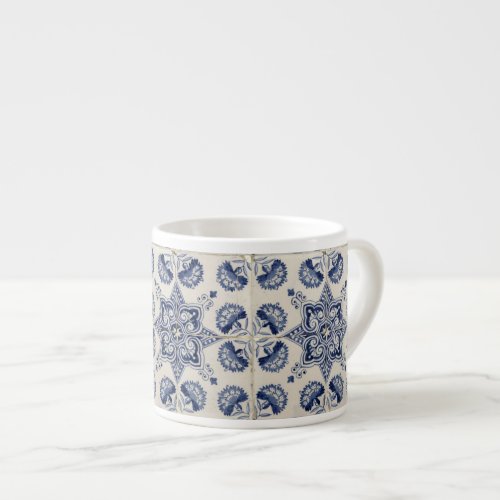  Vintage Blue White Geometric Flower Pattern Espresso Cup