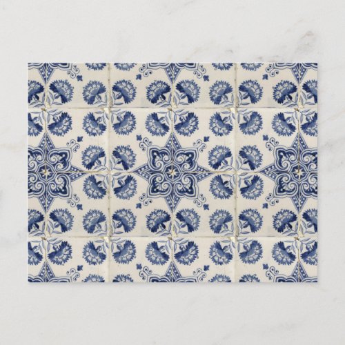  Vintage Blue White Geometric Flower Pattern  Holiday Postcard