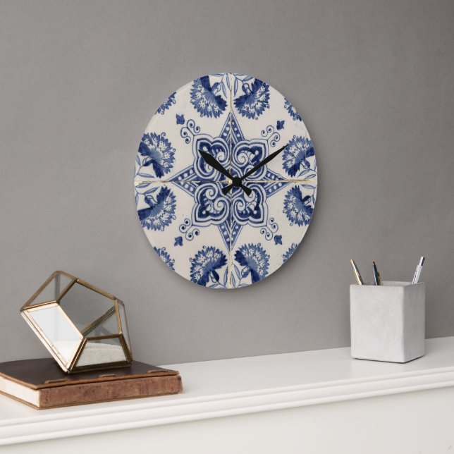  Vintage Blue White Geometric Flower Pattern Large Clock (Office)
