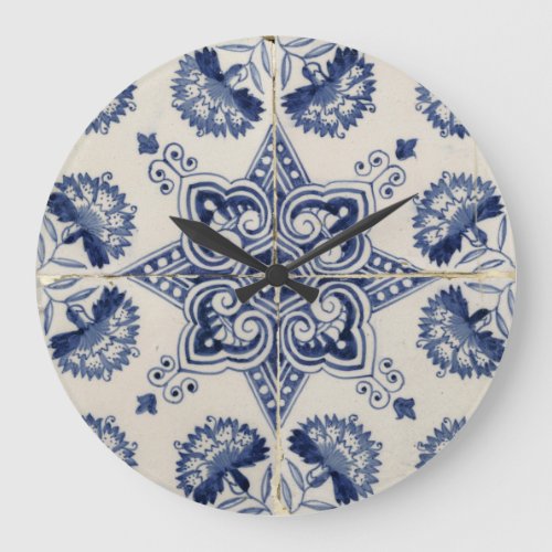  Vintage Blue White Geometric Flower Pattern Large Clock