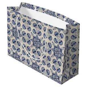 Vintage Blue White Geometric Flower Pattern Large Gift Bag