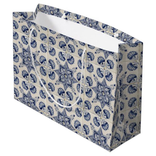  Vintage Blue White Geometric Flower Pattern  Large Gift Bag