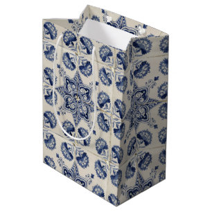 Vintage Blue White Geometric Flower Pattern Medium Gift Bag