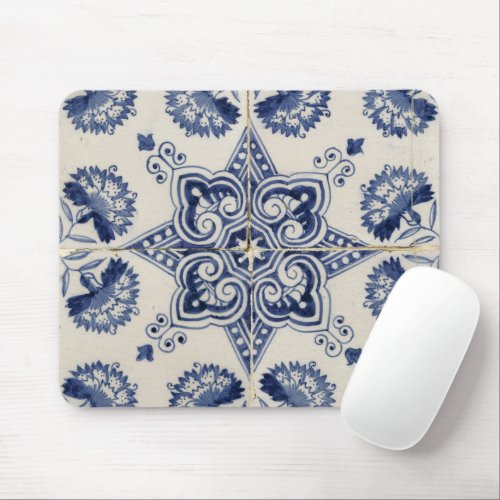  Vintage Blue White Geometric Flower Pattern Mouse Pad