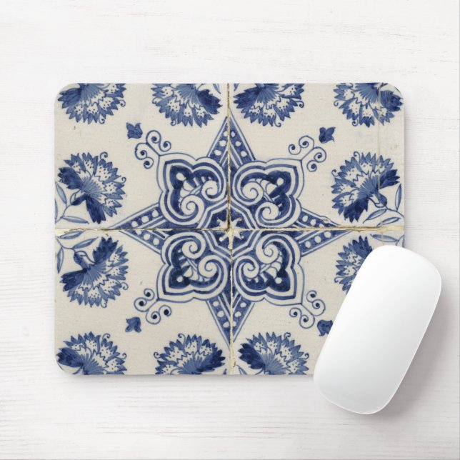  Vintage Blue White Geometric Flower Pattern Mouse Pad (With Mouse)