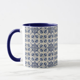 Vintage Blue White Geometric Flower Pattern Mug