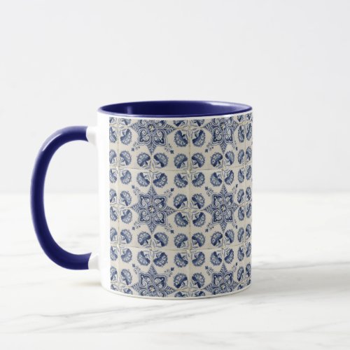 Vintage Blue White Geometric Flower Pattern  Mug