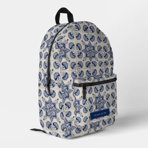  Vintage Blue White Geometric Flower Pattern Name Printed Backpack