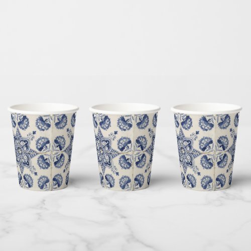  Vintage Blue White Geometric Flower Pattern  Paper Cups