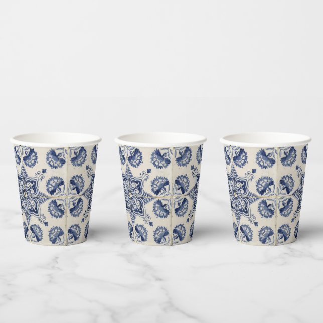  Vintage Blue White Geometric Flower Pattern  Paper Cups (Multi)
