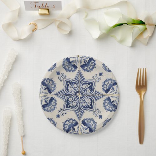  Vintage Blue White Geometric Flower Pattern  Paper Plates
