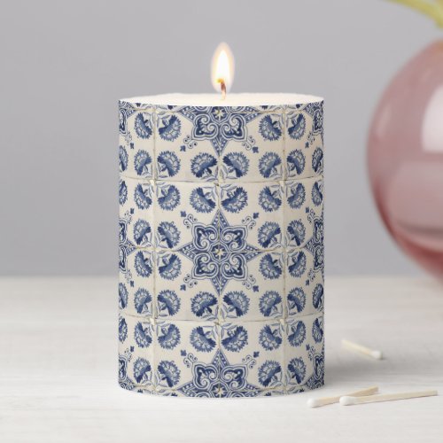  Vintage Blue White Geometric Flower Pattern Pillar Candle