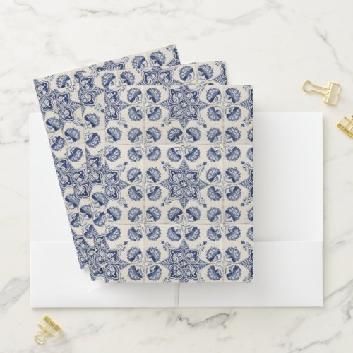  Vintage Blue White Geometric Flower Pattern  Pocket Folder