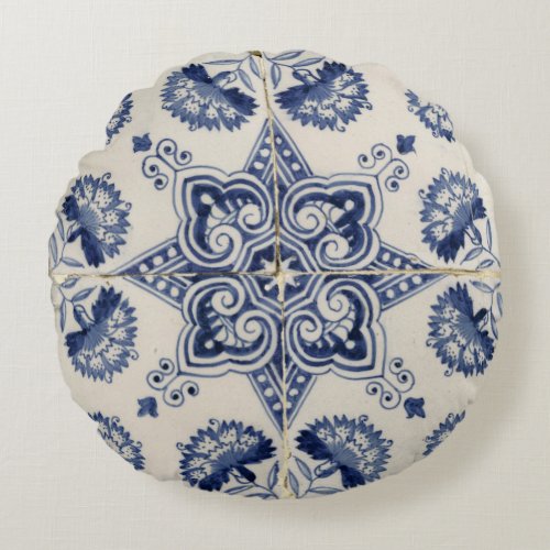  Vintage Blue White Geometric Flower Pattern Round Pillow